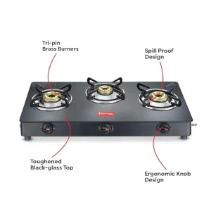 Prestige Magic Plus 3 Burner Gas Stove GTMP-03 | Toughened Glass Top, Spill-Proof, Tri-Pin Brass Burners - Image 6
