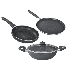 Prestige Omega Deluxe Granite 3 Piece Cookware Set | Fry Pan 24cm, Tawa 28cm, Kadai 24cm with Lid | Induction & Gas Compatible