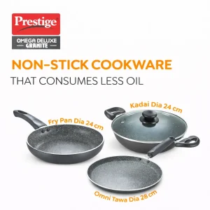 Prestige Omega Deluxe Granite 3 Piece Cookware Set | Fry Pan 24cm, Tawa 28cm, Kadai 24cm with Lid | Induction & Gas Compatible - Image 3