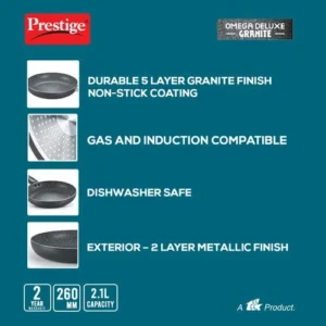 Prestige Omega Deluxe Granite Non-Stick Fry Pan with Glass Lid (20cm/24cm/26cm) | Induction & Gas Compatible - Image 4