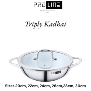 Proline Triply Stainless Steel Kadhai with Glass Lid – Premium Triply Cookware (20cm–30cm)