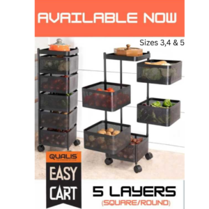 Qualis Easy Cart with Wheels ? 3, 4 & 5 Layer Square Basket Rack (Black) | Multipurpose Rack