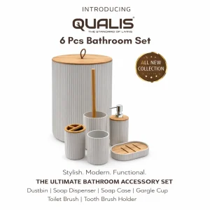 Qualis 6 Pcs Bathroom Accessory Set ? Modern Bathroom Set with Wooden Finish