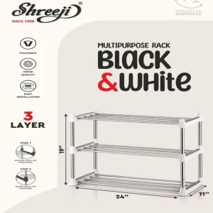Shreeji Black & White 3 Layer Multipurpose Rack – Strong Plastic Shoe & Storage Organizer for Home