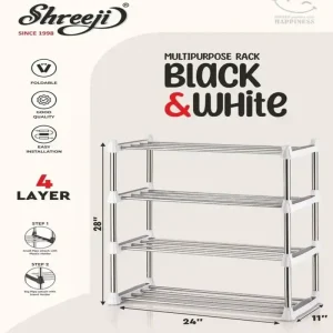 Shreeji Black & White 4 Layer Multipurpose Rack – Strong Plastic Shoe & Storage Organizer for Home