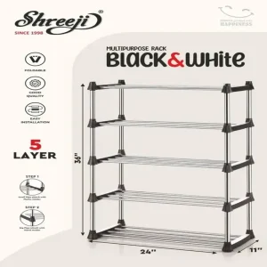 Shreeji Black & White 5 Layer Multipurpose Rack – Strong Plastic Shoe & Storage Organizer for Home