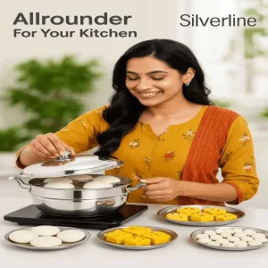 Silverline Stainless Steel Multi Kadai 3-in-1 with 6 Plates – Idli, Mini Idli, Dhokla & Momos Maker, Steamer, Gas & Induction Compatible