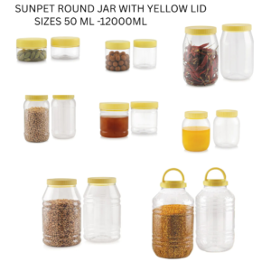 Sunpet Round PET Jar with Yellow Lid – Airtight Kitchen Storage Container (50ml to 12000ml)