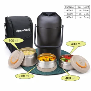 Signoraware Victor Vacuum Insulated Steel Lunch Box with Bag (4505) – 3 Containers, Airtight & Leakproof Hot Lunch Box - Image 3