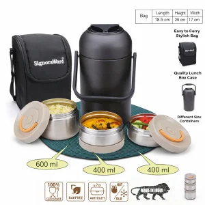 Signoraware Victor Vacuum Insulated Steel Lunch Box with Bag (4505) – 3 Containers, Airtight & Leakproof Hot Lunch Box - Image 4