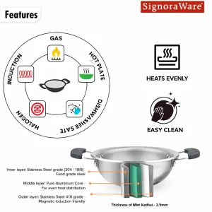 Signoraware Artista Tri-Ply Mini Kadhai 12cm (500ml) | Stainless Steel | Gas & Induction Compatible | Premium Cookware (31134) - Image 5