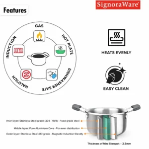 Signoraware Artista Tri-Ply Mini Stew Pot 500ml Stainless Steel Gas & Induction Compatible - Image 5