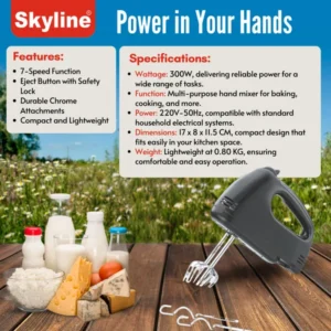 Skyline 300W Electric Hand Mixer with Turbo Function (VTL-7043) – Hand Beater & Electric Whisker for Kitchen - Image 4