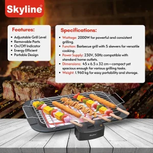 Skyline Electric BBQ Grill with 5 Skewers 2000W (VTL-4545) – Portable Electric Barbecue Grill - Image 9