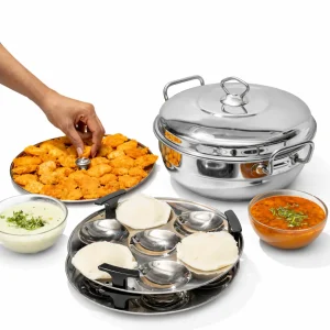Vinod Stainless Steel Deluxe Multi Kadai 26 cm (6-in-1) – Idli, Dhokla, Momos Maker & Steamer Combo, Induction & Gas Compatible