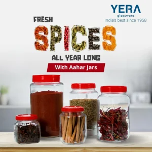 Yera Glass Aahar Round Jar with Red Airtight Plastic Lid – Kitchen Storage Container (JR150 to JR-5 Sizes Available)