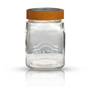 Yera Pantry Wood Jar 2000ml – Stylish Glass Storage Jar with Airtight Wooden Colour Lid for Kitchen & Home