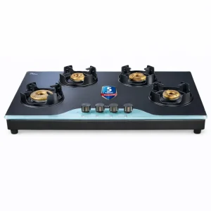 Kutchina Crystallo 4 Burner Gas Stove | 8mm Toughened Glass | Brass Burner | Auto Ignition | 5 Year Warranty