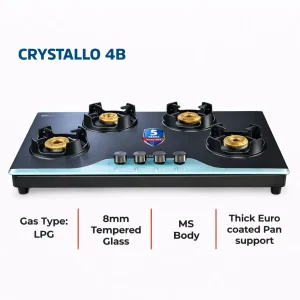 Kutchina Crystallo 4 Burner Gas Stove | 8mm Toughened Glass | Brass Burner | Auto Ignition | 5 Year Warranty - Image 4