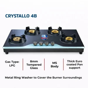 Kutchina Crystallo 4 Burner Gas Stove | 8mm Toughened Glass | Brass Burner | Auto Ignition | 5 Year Warranty - Image 5