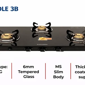 Kutchina Needle 3 Burner Gas Stove | 6mm Tempered Glass | Auto Ignition | Brass Burners | 5 Year Warranty - Image 4