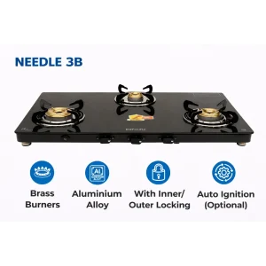 Kutchina Needle 3 Burner Gas Stove | 6mm Tempered Glass | Auto Ignition | Brass Burners | 5 Year Warranty - Image 6