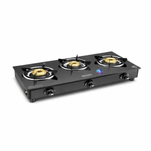 Kutchina Sleek Eco 3 Burner Gas Stove | 6mm Toughened Glass | Brass Burners | 5 Year Warranty