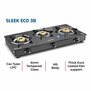 Kutchina Sleek Eco 3 Burner Gas Stove | 6mm Toughened Glass | Brass Burners | 5 Year Warranty - Image 3