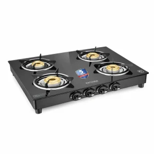 Kutchina Sleek Eco 4 Burner Gas Stove | 6mm Tempered Glass | Brass Burner | Manual Ignition | 5 Year Warranty