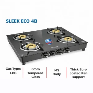 Kutchina Sleek Eco 4 Burner Gas Stove | 6mm Tempered Glass | Brass Burner | Manual Ignition | 5 Year Warranty - Image 4