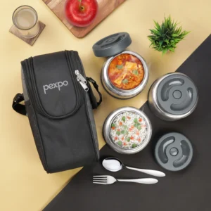 PEXPO Extreme Double Wall Vacuum Insulated Stainless Steel Lunch Box (3 Containers) with Cutlery & Carry Bag | Leakproof Hot & Cold Tiffin Box - Image 6