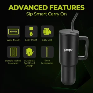 Pexpo Stanzy 1200ml Insulated Stainless Steel Tumbler with Handle | Triple Wall Hot & Cold Vacuum Bottle | Leakproof Travel Mug with Straw - Image 3