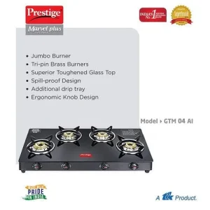 Prestige Marvel Plus 4 Burner Long Gas Stove GTM04 | Toughened Glass Top, Manual Ignition, High Efficiency Burners - Image 3