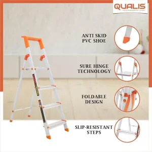 Qualis Hybrid Ladder 4 Step with Tool Tray ? Strong, Safe & Lightweight for Home Use | Anti Skid | 150Kg Load Capacity | Aluminum Ladder Heavy Duty - Image 3