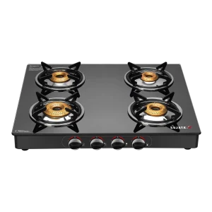 Sujata Standard 4 Burner Glass Top Gas Stove | SABAF Italian Valve, Toughened Glass, Manual Ignition