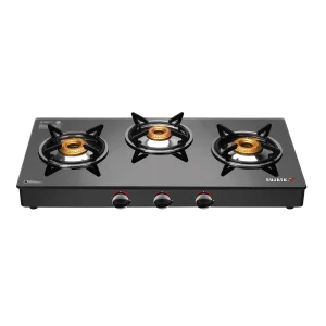 Sujata Standard 3 Burner Glass Top Gas Stove | SABAF Italian Valve, Toughened Glass, Manual Ignition