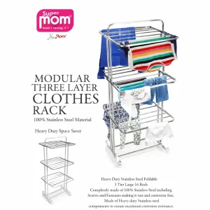 Super Mom Modular 3 Layer Cloth Drying Rack – Stainless Steel Cloth Stand | Heavy Duty Space Saver Cloth Drying Stand