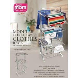 Super Mom Modular 3 Layer Cloth Drying Rack Stainless Steel Heavy Duty Foldable Space Saving Laundry Stand - Image 3