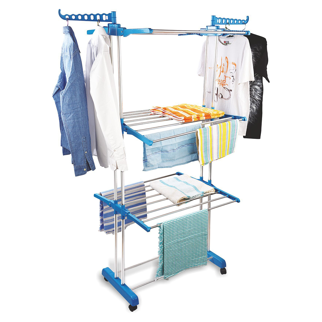 Uma Modular 3 Layer Cloth Drying Stand with Wheels Stainless Steel Foldable Laundry Rack with Hangers
