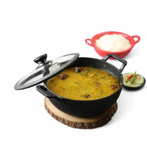 Vinod Legacy Pre-Seasoned Cast Iron Kadai with Glass Lid (22cm, 24cm, 26cm) – Induction & Gas Compatible, Heavy Duty Iron Kadhai