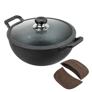 Vinod Legacy Pre-Seasoned Cast Iron Kadai with Glass Lid (22cm, 24cm, 26cm) – Induction & Gas Compatible, Heavy Duty Iron Kadhai - Image 3