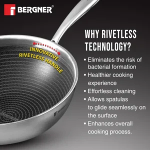 BERGNER Hi-Tech Tri-Ply Stainless Steel Non-Stick Wok 24cm (3.1L) with Glass Lid | Honeycomb Chinese Kadai | Gas & Induction Compatible (BG-31145) - Image 3