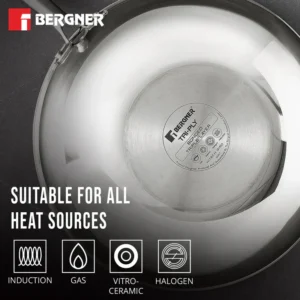 BERGNER Hi-Tech Tri-Ply Stainless Steel Non-Stick Wok 24cm (3.1L) with Glass Lid | Honeycomb Chinese Kadai | Gas & Induction Compatible (BG-31145) - Image 6