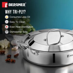 BERGNER Argent Samsara Tri-Ply Stainless Steel Biryani Handi 28cm (4.25L) | Cook & Serve Belly Shape | Gas & Induction Compatible - Image 3