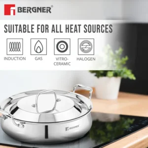 BERGNER Argent Samsara Tri-Ply Stainless Steel Biryani Handi 28cm (4.25L) | Cook & Serve Belly Shape | Gas & Induction Compatible - Image 4