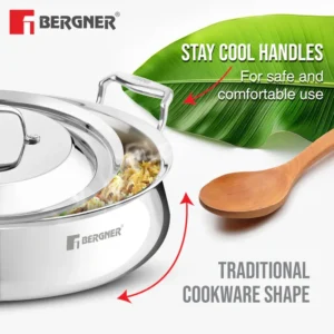BERGNER Argent Samsara Tri-Ply Stainless Steel Biryani Handi 28cm (4.25L) | Cook & Serve Belly Shape | Gas & Induction Compatible - Image 6