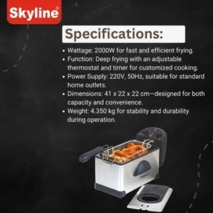 Skyline Electric Deep Fryer with Timer 3L 2000W for Crispy & Even Frying (VTL-5525) - Image 3