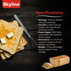 Skyline 750W 2-Slice Pop-Up Toaster (VTL-7021) – 7 Browning Levels & Cool Touch Body Bread Toaster - Image 4