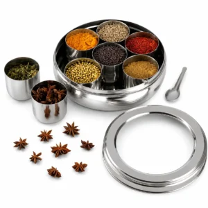 Neelam Stainless Steel Masala Dabba & Spice Box for Kitchen with 7 Bowls, Glass Lid & Spoon