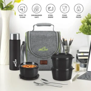 Milton Dazzle Lunch Tiffin Set with Steel Bottle | 3 Microwave Safe Containers | 1390ml - Image 3